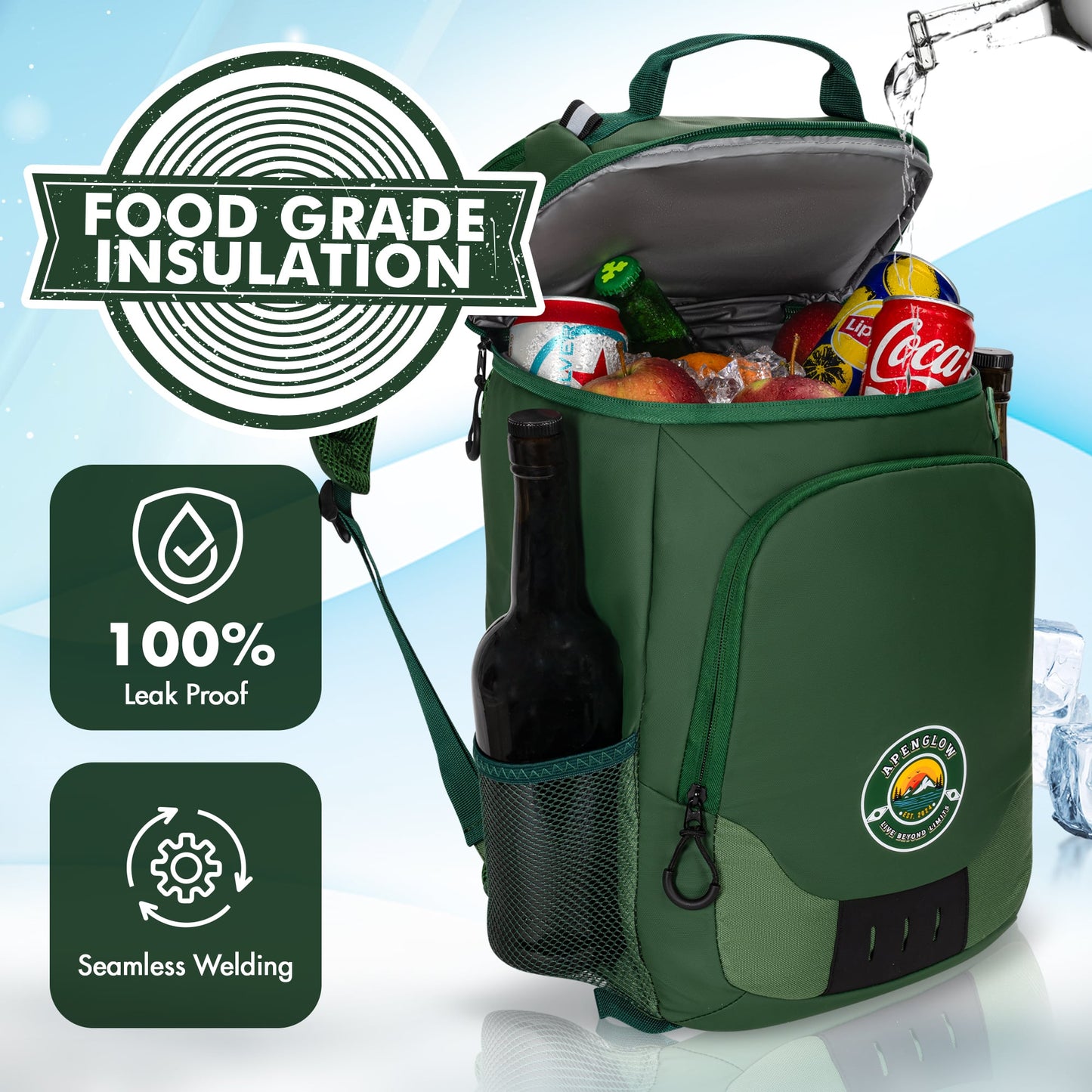 Apenglow's Leak Proof Backpack Cooler With Top and Side Compartments