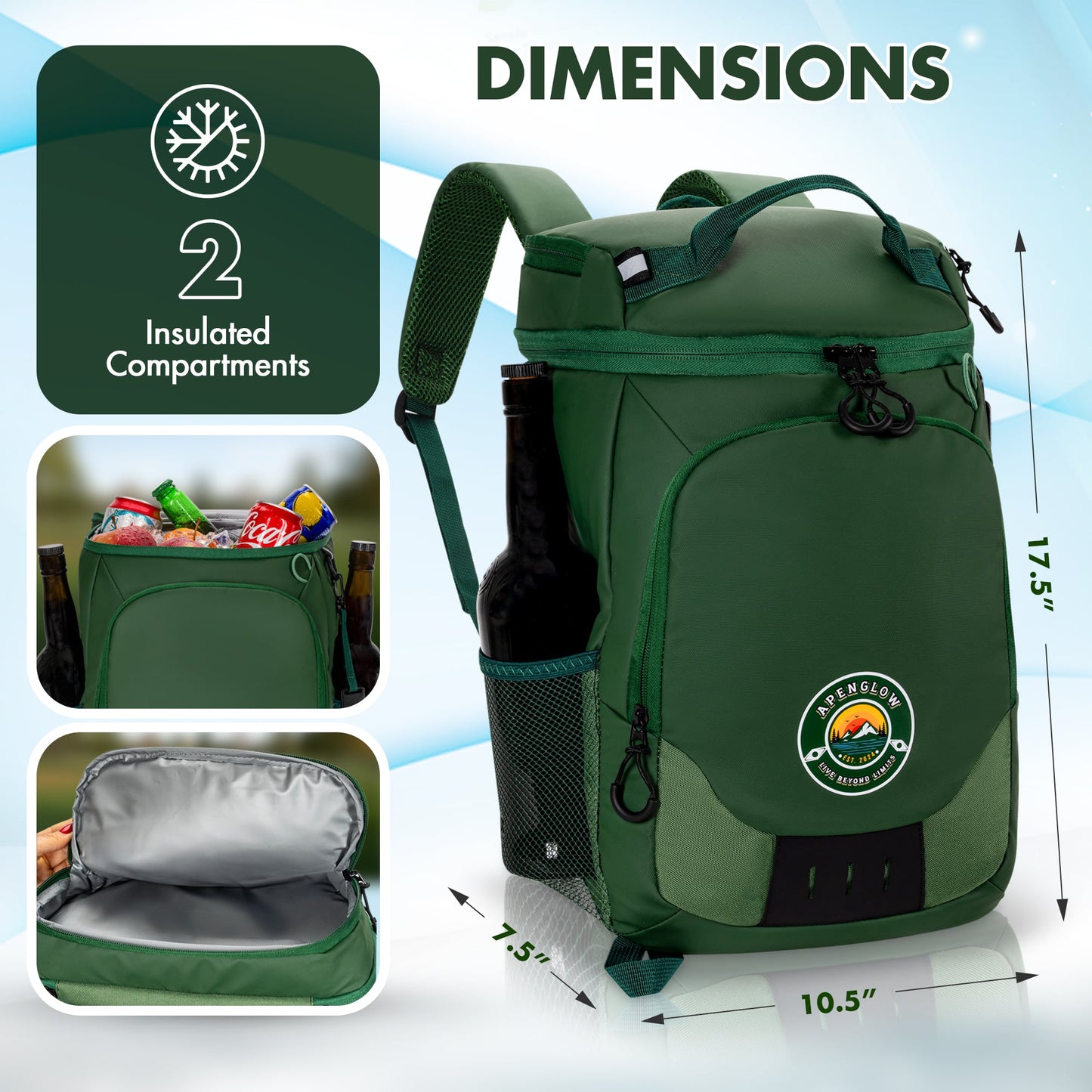 Apenglow's Leak Proof Backpack Cooler With Top and Side Compartments